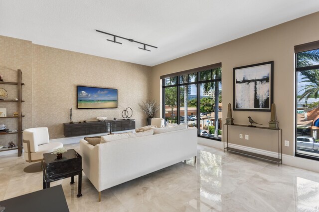 living area with track lighting, a wealth of natural light, and marble finish floor