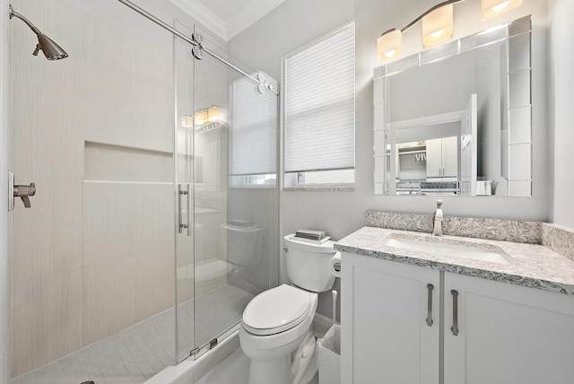 10740 Grande Blvd, West Palm Beach, FL 33412 - bathroom featuring a shower stall, crown molding, toilet, and vanity