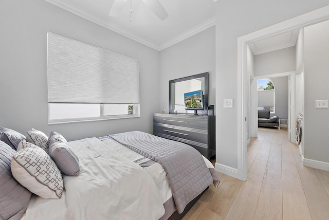 10740 Grande Blvd, West Palm Beach, FL 33412 - bedroom with baseboards, ceiling fan, crown molding, and light wood finished floors