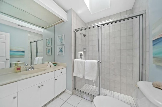 870 SW Gardens Blvd, Palm City, FL 34990 - bathroom with vanity, toilet, tile patterned flooring, and a stall shower