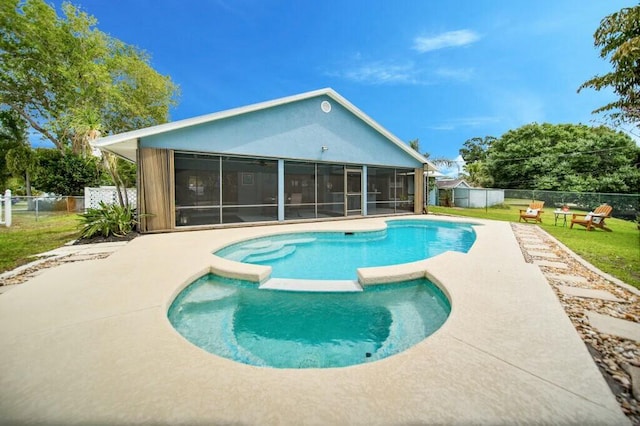 870 SW Gardens Blvd, Palm City, FL 34990 - view of pool with a storage shed, a fenced backyard, a patio area, a yard, and a sunroom