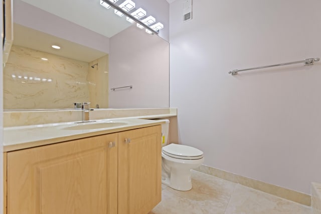 full bathroom featuring visible vents, tile patterned flooring, vanity, toilet, and baseboards