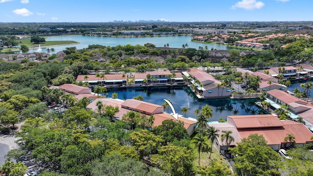 aerial view featuring a water view and a residential view