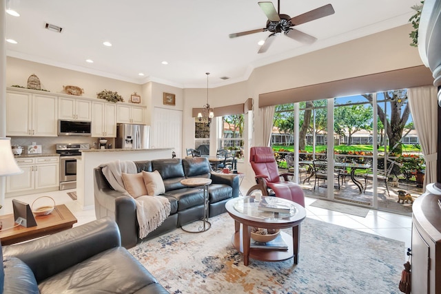 living area with crown molding, ceiling fan with notable chandelier, light tile patterned floors, visible vents, and recessed lighting