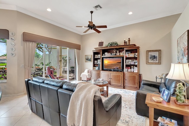 living room featuring a ceiling fan, light tile patterned flooring, ornamental molding, visible vents, and recessed lighting