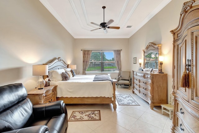 bedroom with crown molding, a ceiling fan, light tile patterned floors, a raised ceiling, and visible vents