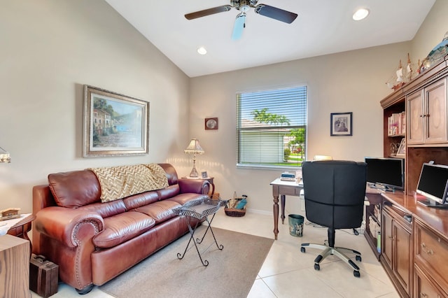 home office with light tile patterned floors, ceiling fan, baseboards, lofted ceiling, and recessed lighting