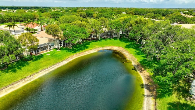 drone / aerial view featuring a water view