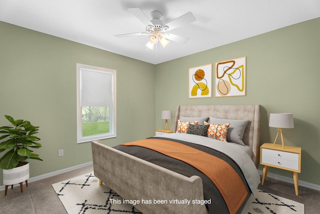 bedroom featuring baseboards, carpet, and a ceiling fan