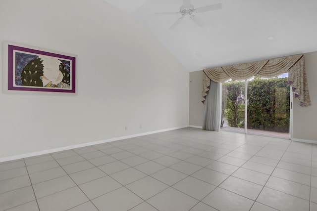 unfurnished room with baseboards, lofted ceiling, a ceiling fan, and light tile patterned floors