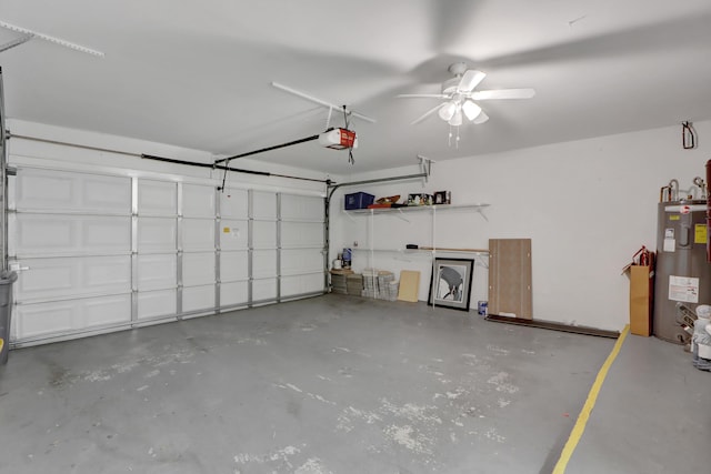garage with water heater, a garage door opener, and a ceiling fan