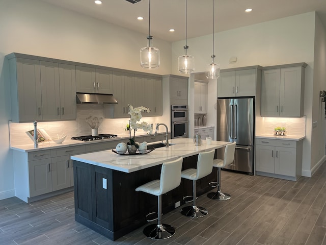 130 SE Palma St, Port Saint Lucie, FL 34984 - kitchen with appliances with stainless steel finishes, under cabinet range hood, gray cabinetry, a sink, and a towering ceiling