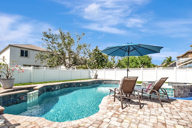 view of pool with a fenced backyard, a patio, and a fenced in pool