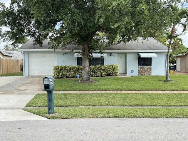 single story home with fence, stucco siding, driveway, a front yard, and a garage