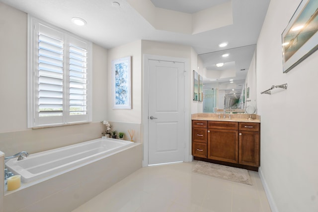 bathroom with tile patterned flooring, vanity, recessed lighting, a stall shower, and a bath