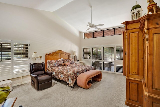 13179 Camero Way, Palm Beach Gardens, FL 33418 - bedroom featuring carpet flooring, multiple windows, access to exterior, high vaulted ceiling, and ceiling fan