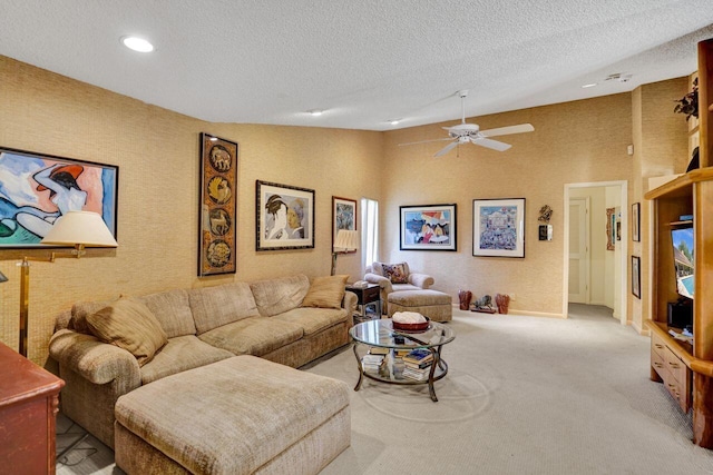 13179 Camero Way, Palm Beach Gardens, FL 33418 - carpeted living room featuring a textured ceiling, a ceiling fan, and recessed lighting