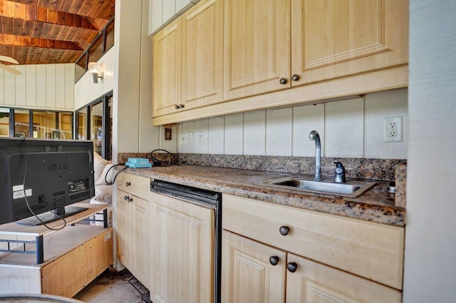 13179 Camero Way, Palm Beach Gardens, FL 33418 - kitchen with wood ceiling with exposed beams, a sink, light brown cabinets, and ceiling fan