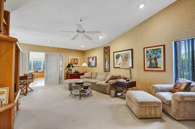 13179 Camero Way, Palm Beach Gardens, FL 33418 - living area with carpet, lofted ceiling, plenty of natural light, ceiling fan, and recessed lighting