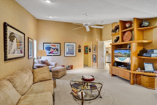 13179 Camero Way, Palm Beach Gardens, FL 33418 - living room with a textured ceiling, carpet, and ceiling fan