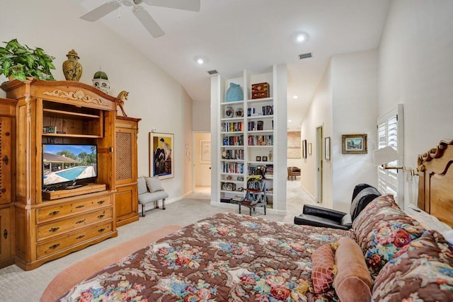 13179 Camero Way, Palm Beach Gardens, FL 33418 - bedroom with light colored carpet, lofted ceiling, baseboards, ceiling fan, and recessed lighting
