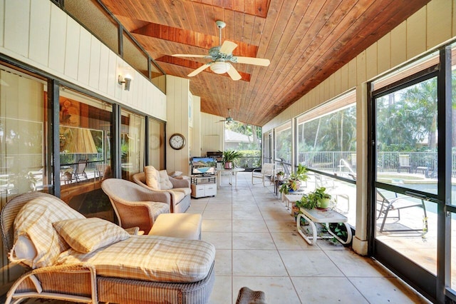 13179 Camero Way, Palm Beach Gardens, FL 33418 - sunroom featuring a ceiling fan, lofted ceiling, and outdoor lounge area
