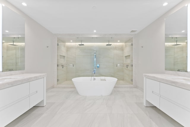210 SE Mizner Blvd Unit 301, Boca Raton, FL 33432 - full bathroom featuring a stall shower, marble finish floors, two vanities, and recessed lighting