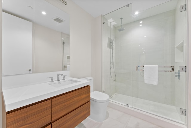 210 SE Mizner Blvd Unit 301, Boca Raton, FL 33432 - full bathroom featuring toilet, a shower stall, vanity, and recessed lighting