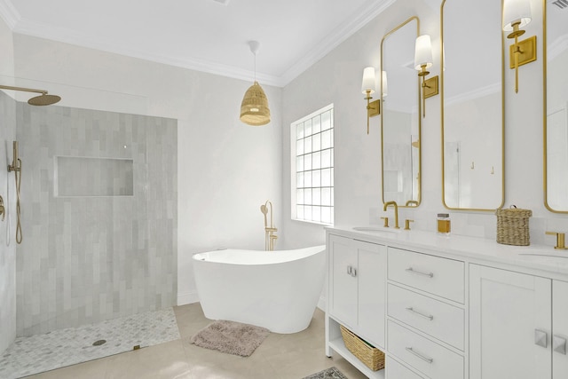bathroom featuring a walk in shower, double vanity, ornamental molding, a sink, and a soaking tub