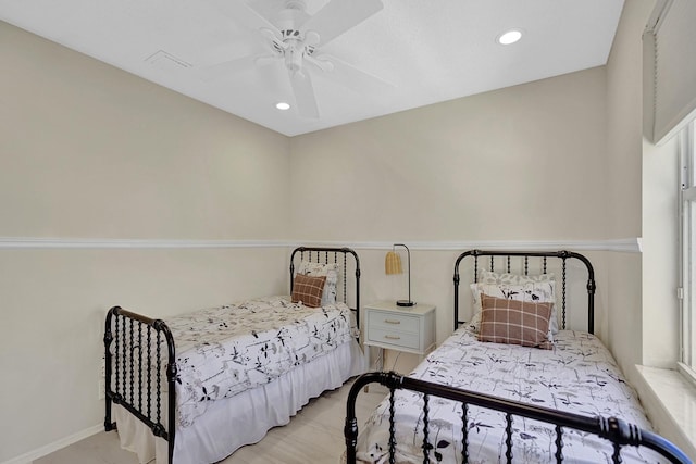 bedroom featuring visible vents, recessed lighting, a ceiling fan, and baseboards