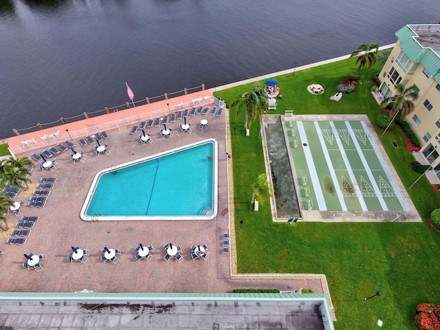 aerial view featuring a water view
