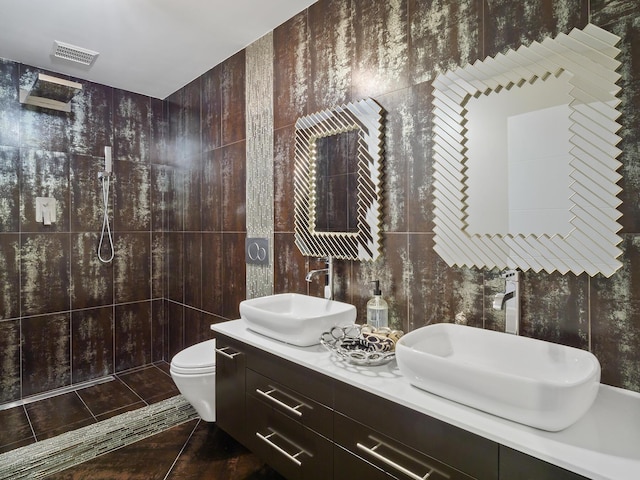 17411 N 40th Run, Loxahatchee, FL 33470 - full bath featuring tile walls, a walk in shower, double vanity, toilet, and tile patterned floors