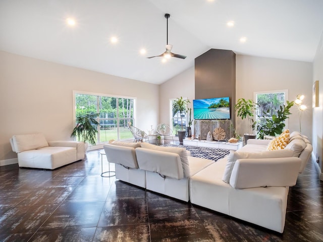 17411 N 40th Run, Loxahatchee, FL 33470 - living room with ceiling fan, high vaulted ceiling, healthy amount of natural light, recessed lighting, and baseboards