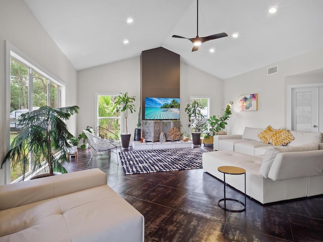 17411 N 40th Run, Loxahatchee, FL 33470 - living room with ceiling fan, recessed lighting, and high vaulted ceiling