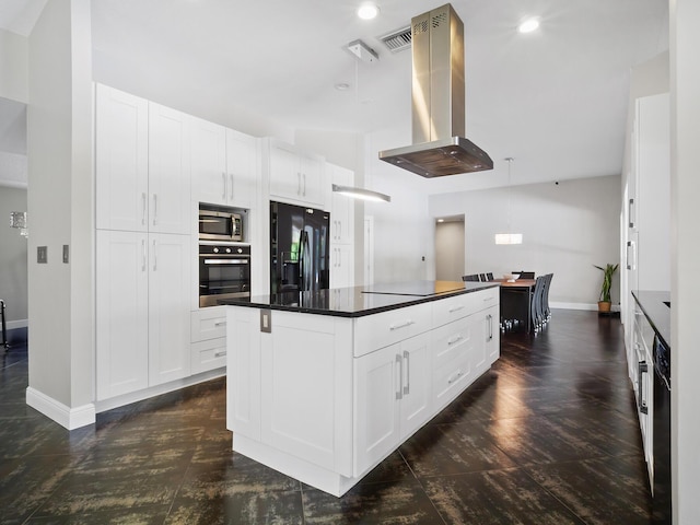 17411 N 40th Run, Loxahatchee, FL 33470 - kitchen with black appliances, island exhaust hood, baseboards, dark countertops, and recessed lighting