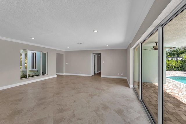 unfurnished room with a ceiling fan, ornamental molding, recessed lighting, and a textured ceiling