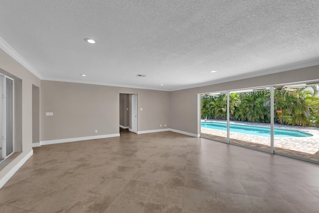 spare room featuring crown molding, a textured ceiling, baseboards, and recessed lighting