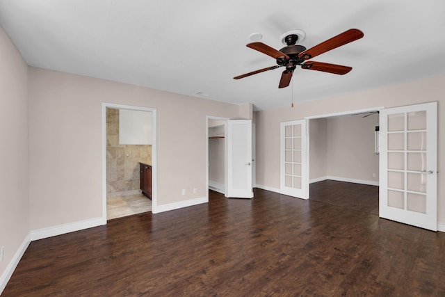 unfurnished bedroom with baseboards, french doors, a ceiling fan, and wood finished floors