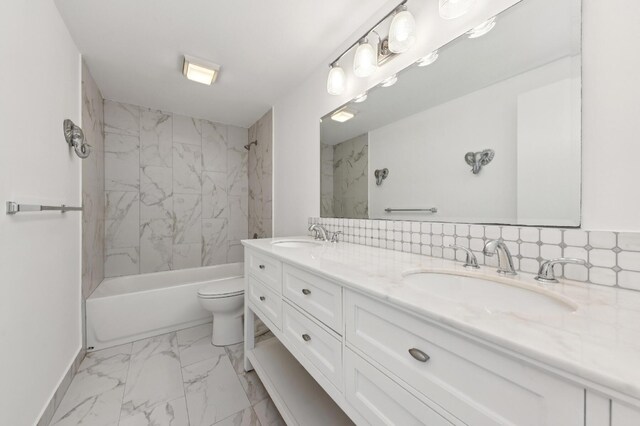 6201 62nd Way, West Palm Beach, FL 33409 - bathroom featuring double vanity, toilet, marble finish floors, bathtub / shower combination, and decorative backsplash