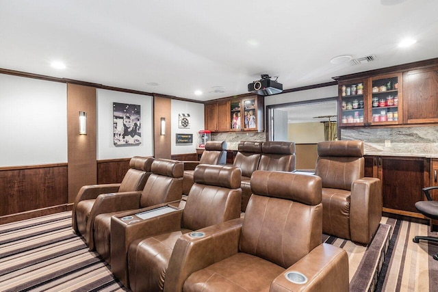 21281 Waycross Dr, Boca Raton, FL 33428 - cinema room featuring ornamental molding, a community bar, wainscoting, recessed lighting, and light colored carpet