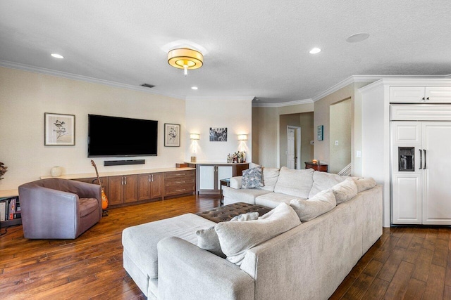 21281 Waycross Dr, Boca Raton, FL 33428 - living room featuring dark wood-style floors, crown molding, recessed lighting, and a textured ceiling