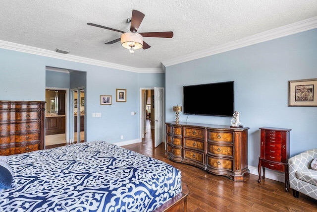 21281 Waycross Dr, Boca Raton, FL 33428 - bedroom with wood-type flooring, a textured ceiling, ornamental molding, a ceiling fan, and baseboards