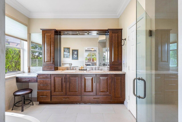 21281 Waycross Dr, Boca Raton, FL 33428 - bathroom with double vanity, ornamental molding, a stall shower, and tile patterned flooring