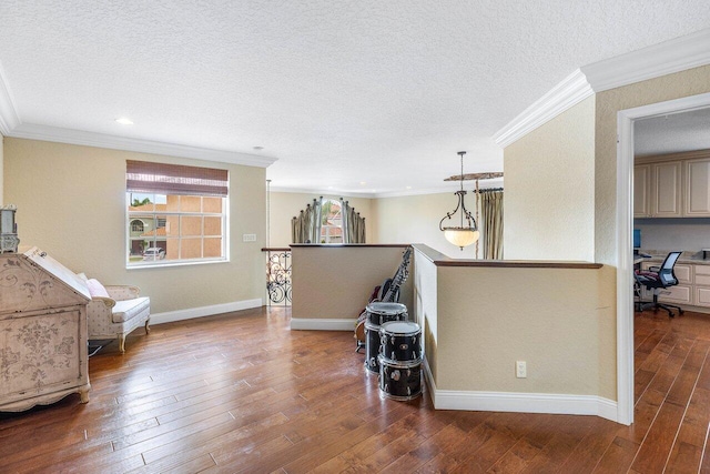 21281 Waycross Dr, Boca Raton, FL 33428 - interior space with a textured ceiling, ornamental molding, a desk, baseboards, and wood finished floors
