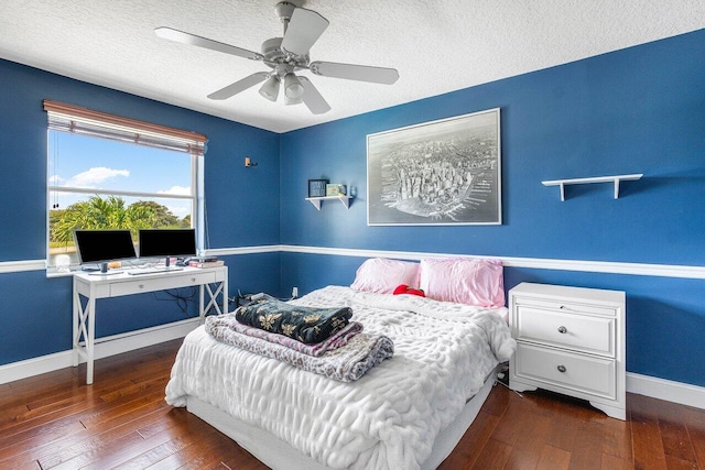 21281 Waycross Dr, Boca Raton, FL 33428 - bedroom with hardwood / wood-style flooring, baseboards, a textured ceiling, and a ceiling fan