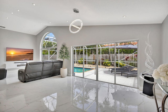 living room featuring recessed lighting, visible vents, marble finish floor, and lofted ceiling