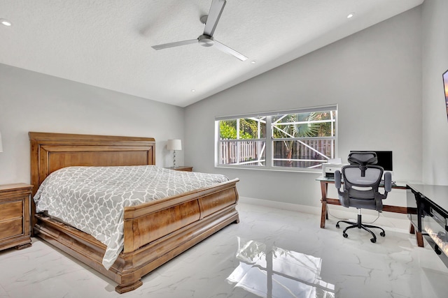 bedroom with a textured ceiling, vaulted ceiling, recessed lighting, marble finish floor, and baseboards