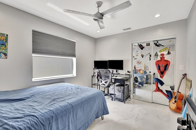 bedroom featuring marble finish floor, ceiling fan, visible vents, and recessed lighting