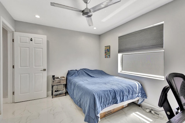 bedroom with marble finish floor, a ceiling fan, and recessed lighting