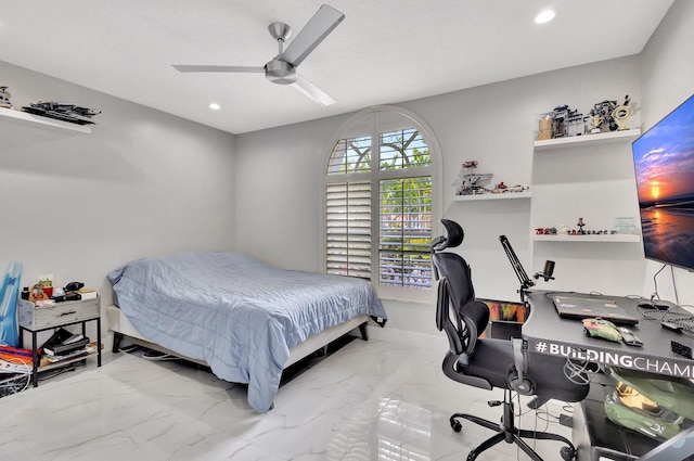 bedroom with recessed lighting, marble finish floor, baseboards, and ceiling fan